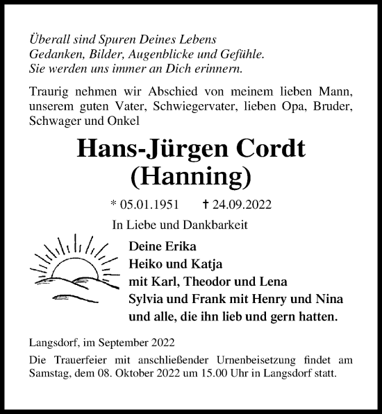 Traueranzeige von Hans-Jürgen Cordt von Ostsee-Zeitung GmbH