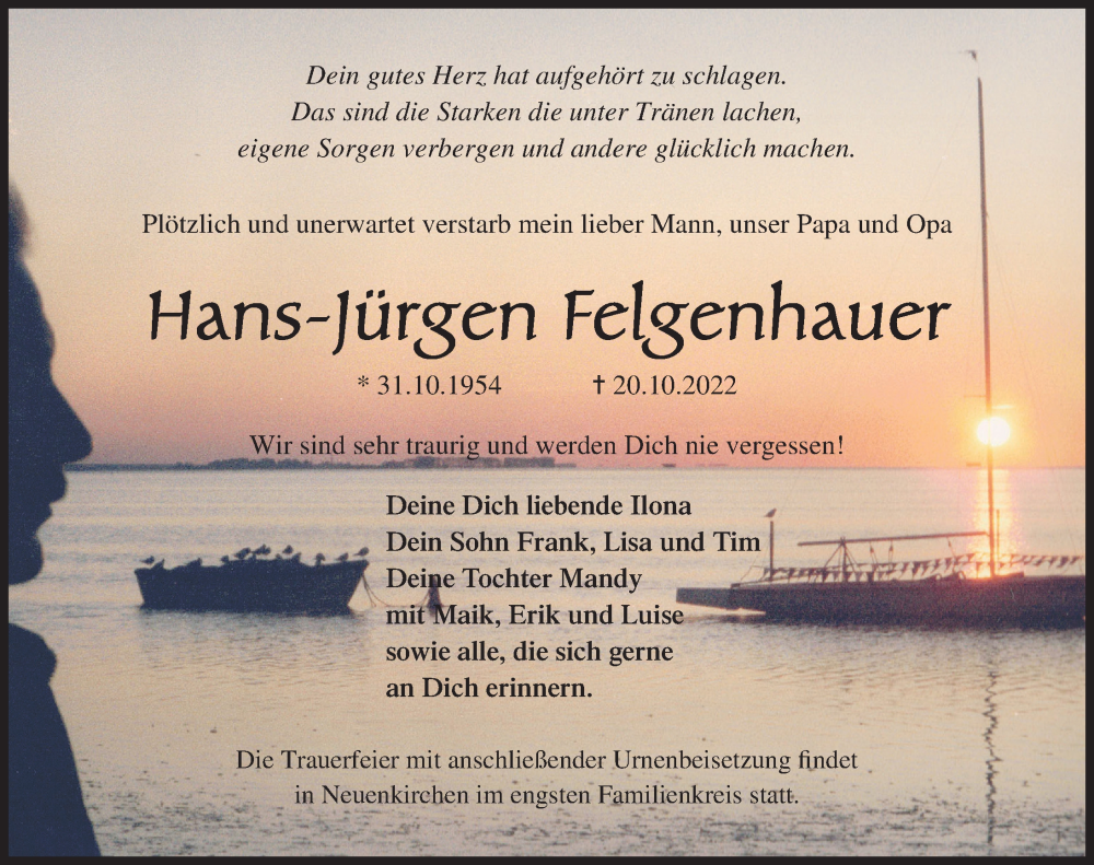  Traueranzeige für Hans-Jürgen Felgenhauer vom 29.10.2022 aus Ostsee-Zeitung GmbH