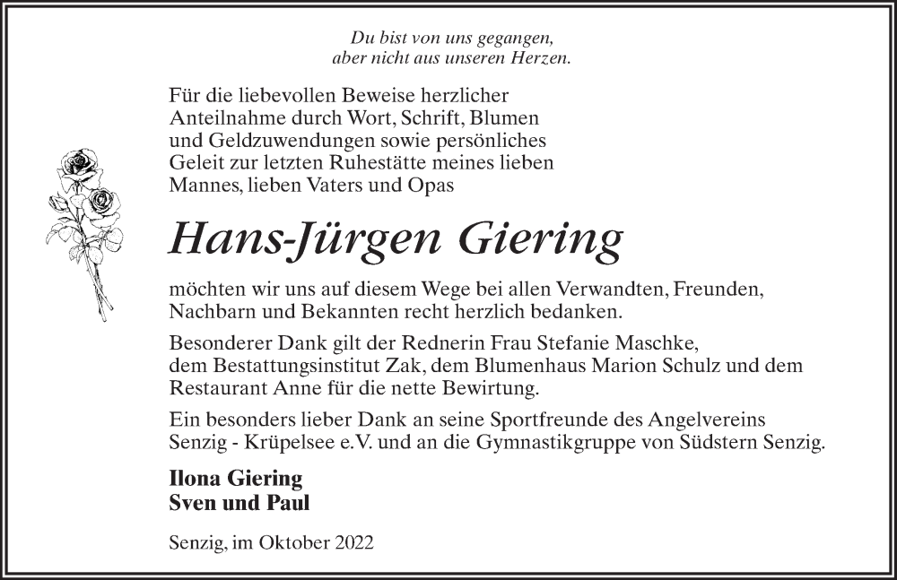  Traueranzeige für Hans-Jürgen Giering vom 08.10.2022 aus Märkischen Allgemeine Zeitung