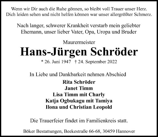 Traueranzeige von Hans-Jürgen Schröder von Hannoversche Allgemeine Zeitung/Neue Presse