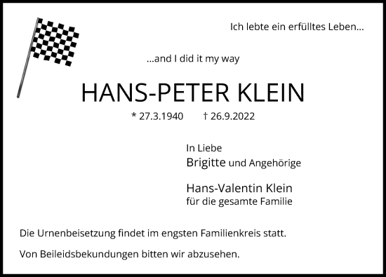 Traueranzeige von Hans-Peter Klein von Hannoversche Allgemeine Zeitung/Neue Presse