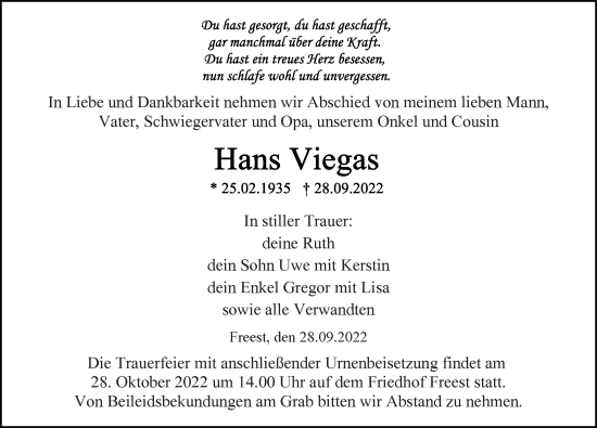 Traueranzeige von Hans Viegas von Ostsee-Zeitung GmbH
