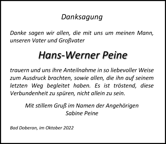 Traueranzeige von Hans-Werner Peine von Ostsee-Zeitung GmbH