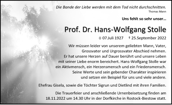 Traueranzeige von Hans-Wolfgang Stolle von Ostsee-Zeitung GmbH