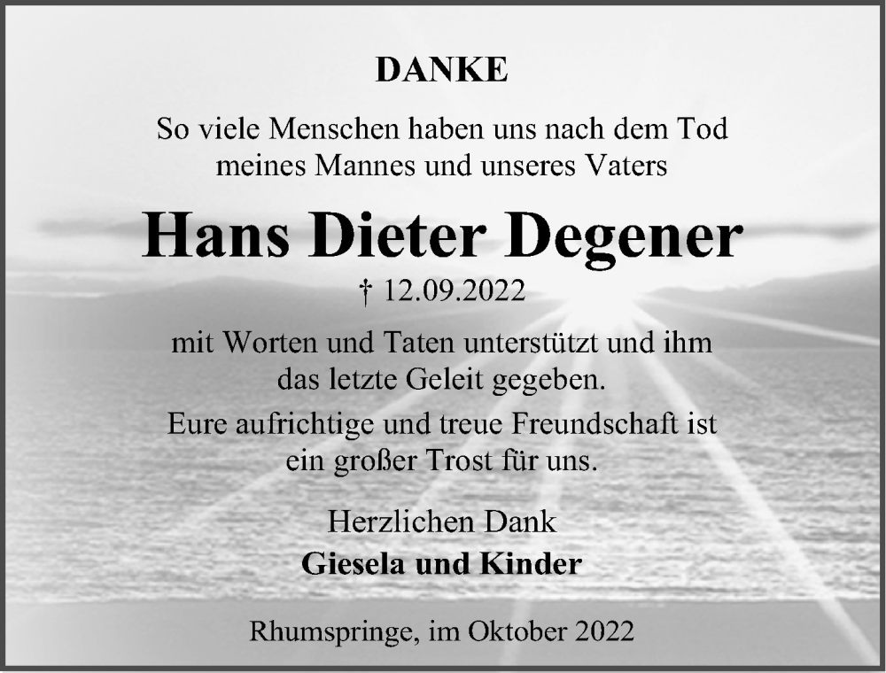  Traueranzeige für Hans Dieter Degener vom 01.10.2022 aus Eichsfelder Tageblatt