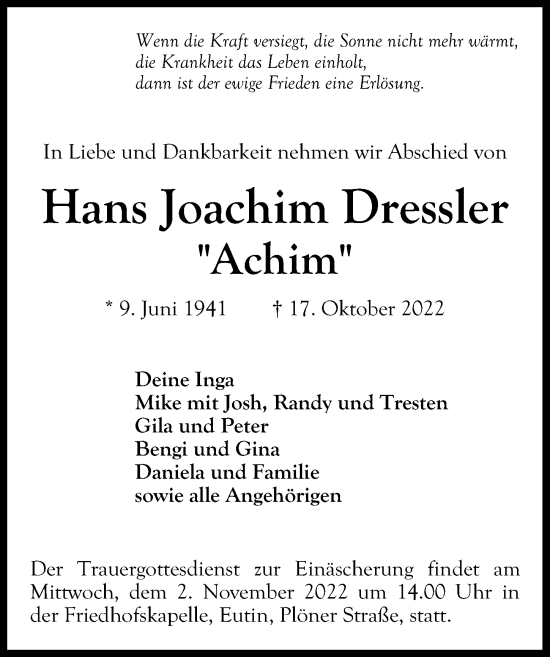 Traueranzeige von Hans Joachim Dressler von Lübecker Nachrichten