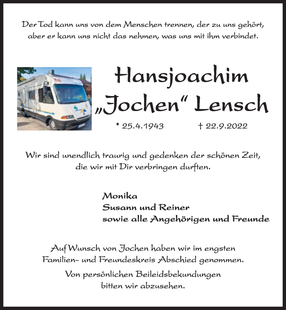  Traueranzeige für Hansjoachim Lensch vom 08.10.2022 aus Kieler Nachrichten