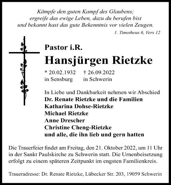 Traueranzeige von Hansjürgen Rietzke von Ostsee-Zeitung GmbH