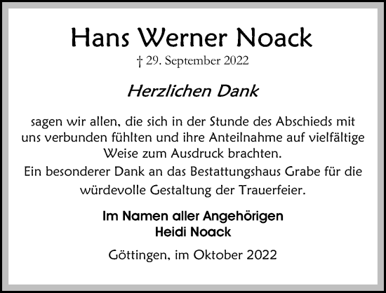 Traueranzeige von Hans Werner Noack von Göttinger Tageblatt