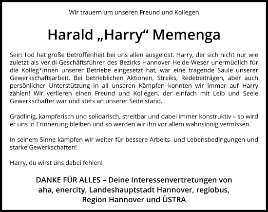 Traueranzeige von Harald Memenga von Hannoversche Allgemeine Zeitung/Neue Presse