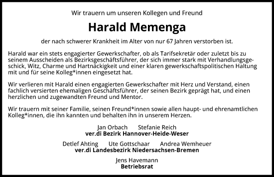 Traueranzeige von Harald Memenga von Hannoversche Allgemeine Zeitung/Neue Presse