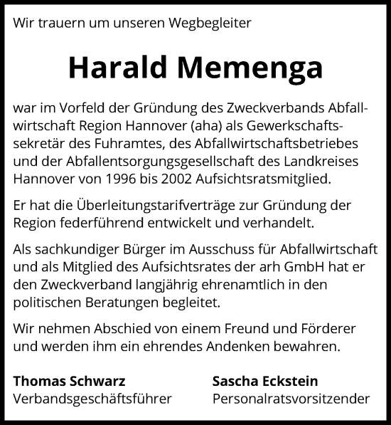 Traueranzeige von Harald Memenga von Hannoversche Allgemeine Zeitung/Neue Presse