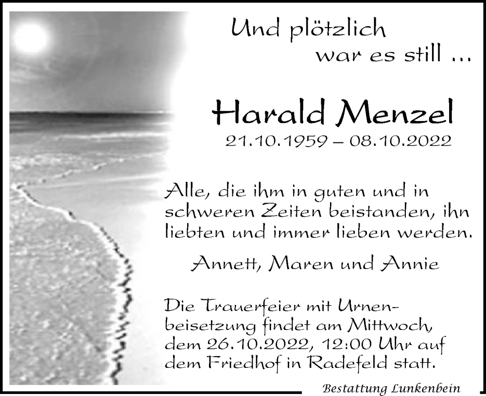  Traueranzeige für Harald Menzel vom 15.10.2022 aus Leipziger Volkszeitung