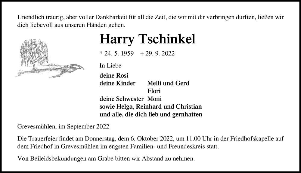  Traueranzeige für Harry Tschinkel vom 05.10.2022 aus Ostsee-Zeitung GmbH