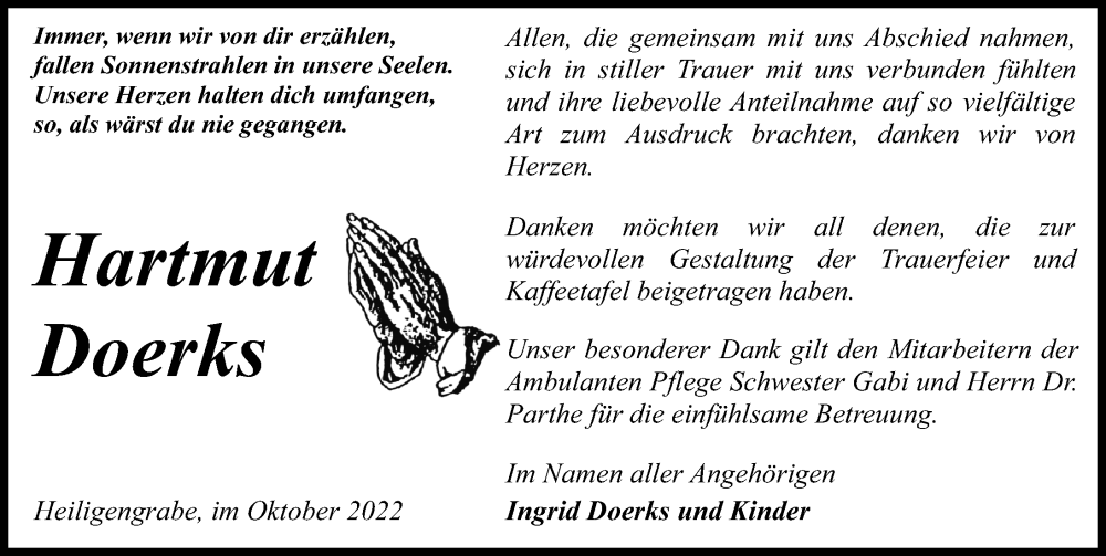  Traueranzeige für Hartmut Doerks vom 15.10.2022 aus Märkischen Allgemeine Zeitung