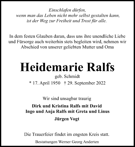 Traueranzeige von Heidemarie Ralfs von Hannoversche Allgemeine Zeitung/Neue Presse