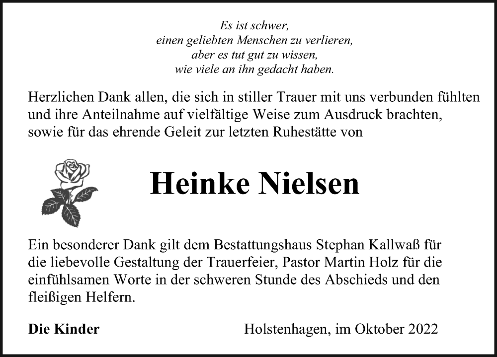  Traueranzeige für Heinke Nielsen vom 22.10.2022 aus Ostsee-Zeitung GmbH
