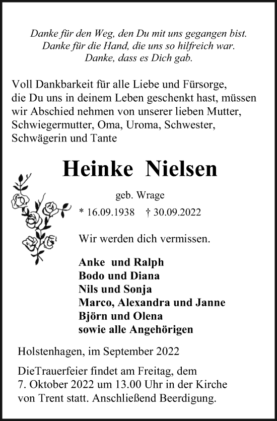 Traueranzeige von Heinke Nielsen von Ostsee-Zeitung GmbH