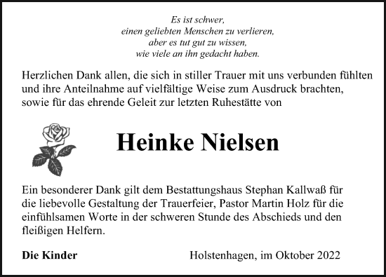 Traueranzeige von Heinke Nielsen von Ostsee-Zeitung GmbH