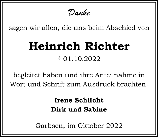 Traueranzeige von Heinrich Richter von Hannoversche Allgemeine Zeitung/Neue Presse