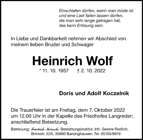 Traueranzeige von Heinrich Wolf von Hannoversche Allgemeine Zeitung/Neue Presse