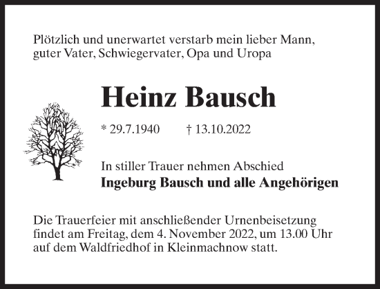 Traueranzeige von Heinz Bausch von Märkischen Allgemeine Zeitung