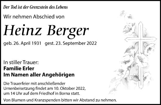 Traueranzeige von Heinz Berger von Leipziger Volkszeitung