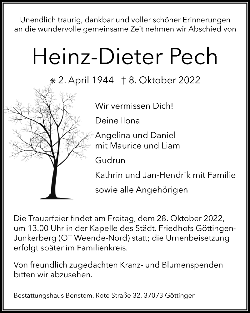  Traueranzeige für Heinz-Dieter Pech vom 15.10.2022 aus Göttinger Tageblatt
