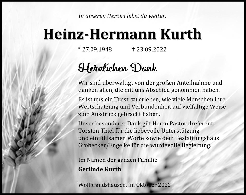  Traueranzeige für Heinz-Hermann Kurth vom 15.10.2022 aus Eichsfelder Tageblatt