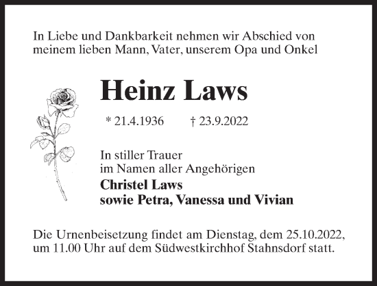 Traueranzeige von Heinz Laws von Märkischen Allgemeine Zeitung