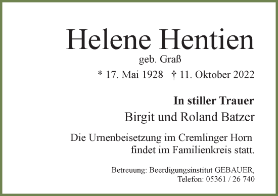 Traueranzeige von Helene Hentien von Aller Zeitung