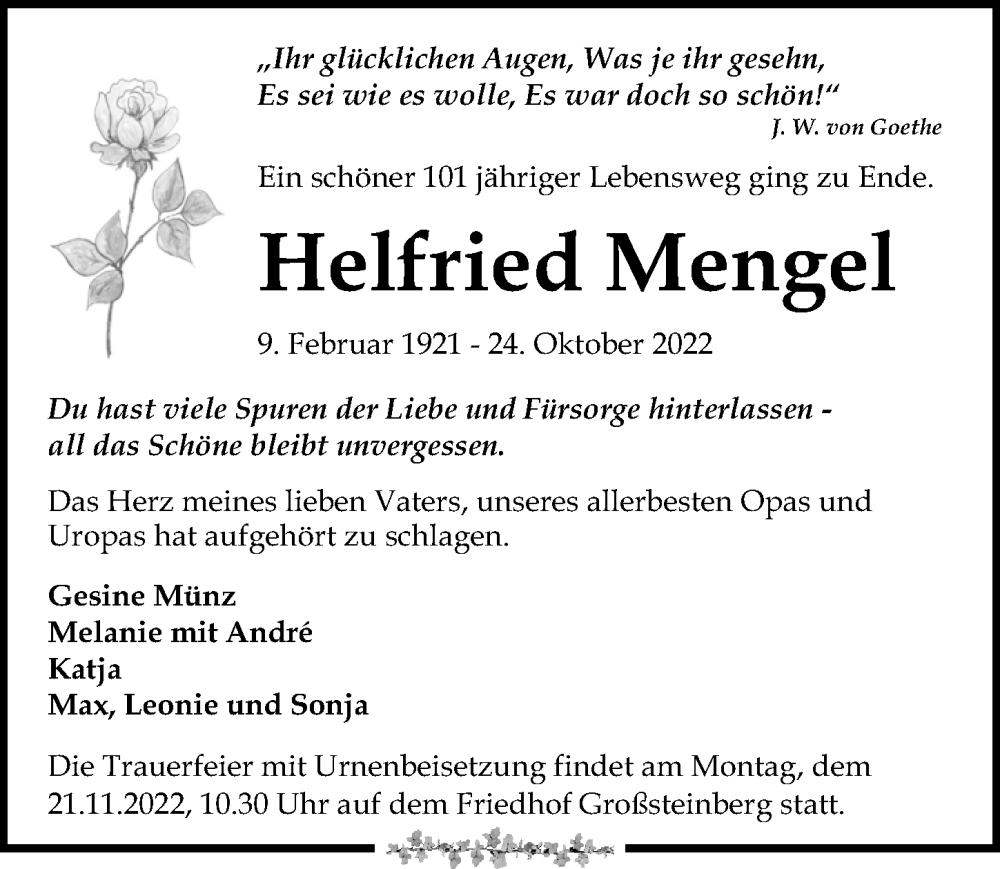  Traueranzeige für Helfried Mengel vom 29.10.2022 aus Leipziger Volkszeitung