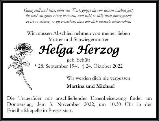 Traueranzeige von Helga Herzog von Kieler Nachrichten