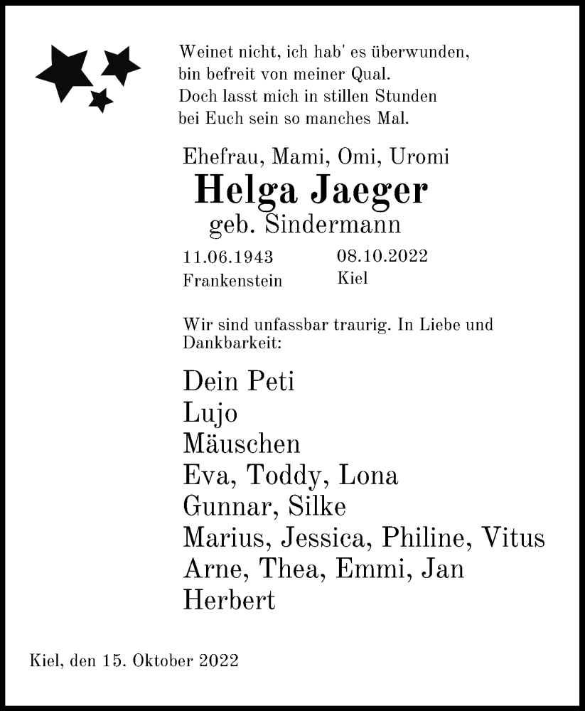  Traueranzeige für Helga Jaeger vom 15.10.2022 aus Kieler Nachrichten