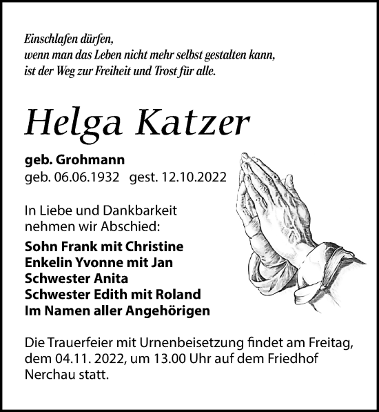 Traueranzeige von Helga Katzer von Leipziger Volkszeitung