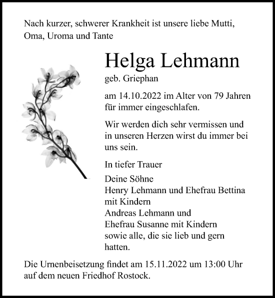 Traueranzeige von Helga Lehmann von Ostsee-Zeitung GmbH