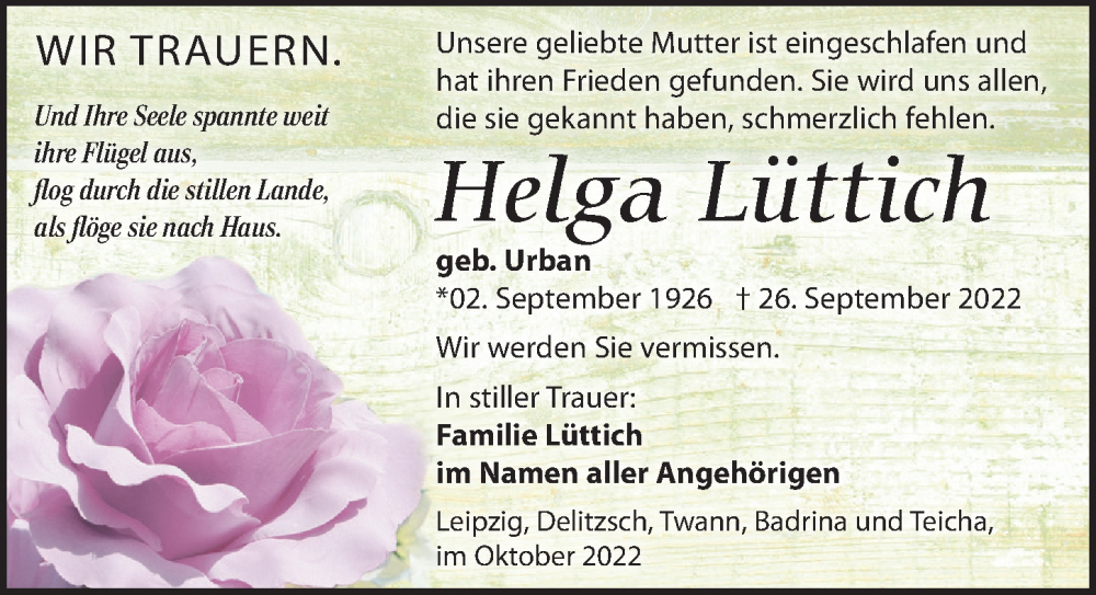  Traueranzeige für Helga Lüttich vom 01.10.2022 aus Leipziger Volkszeitung