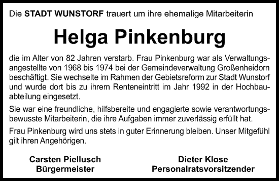 Traueranzeige von Helga Pinkenburg von Hannoversche Allgemeine Zeitung/Neue Presse