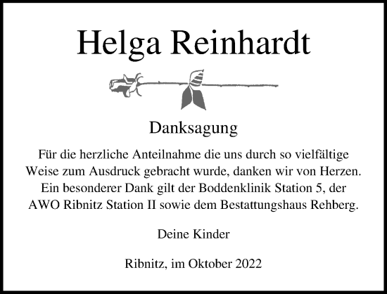 Traueranzeige von Helga Reinhardt von Ostsee-Zeitung GmbH