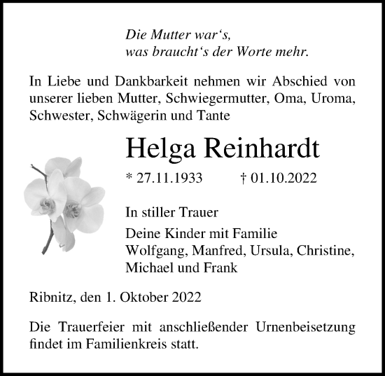 Traueranzeige von Helga Reinhardt von Ostsee-Zeitung GmbH