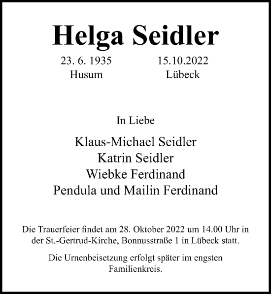 Traueranzeige von Helga Seidler von Lübecker Nachrichten