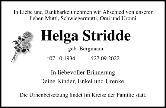 Traueranzeige von Helga Stridde von Ostsee-Zeitung GmbH