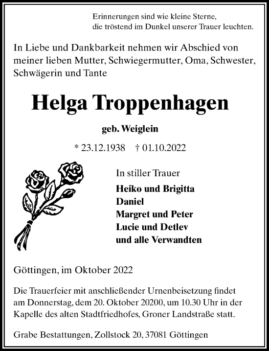 Traueranzeige von Helga Troppenhagen von Göttinger Tageblatt