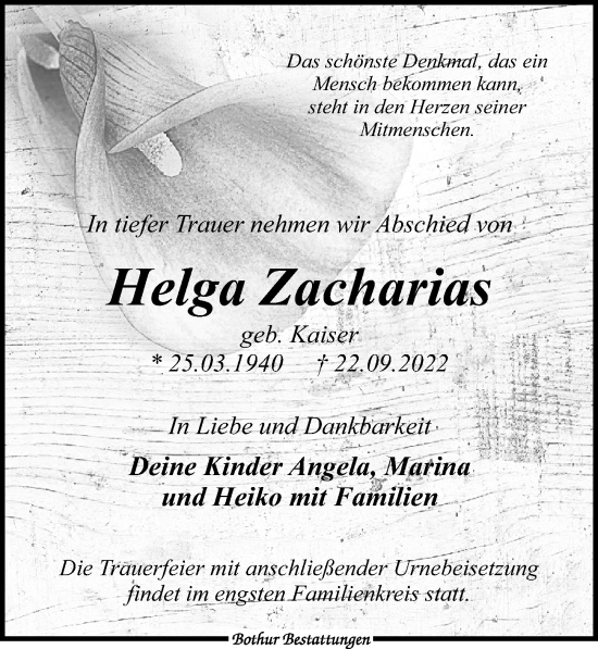 Traueranzeige von Helga Zacharias von Leipziger Volkszeitung