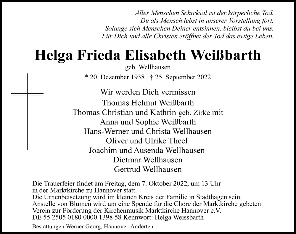  Traueranzeige für Helga Frieda Elisabeth Weißbarth vom 01.10.2022 aus Hannoversche Allgemeine Zeitung/Neue Presse