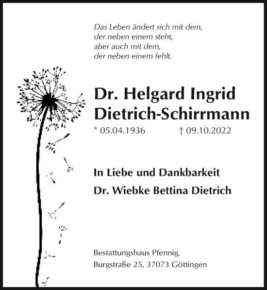 Traueranzeige von Helgard Ingrid Dietrich-Schirrmann von Göttinger Tageblatt