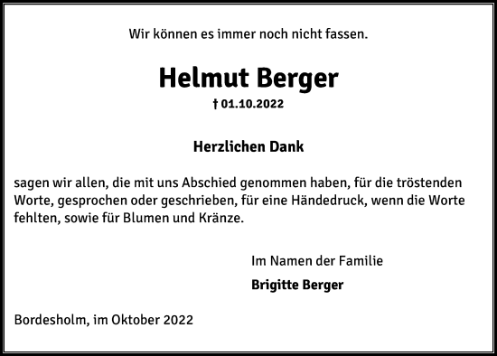 Traueranzeige von Helmut Berger von Kieler Nachrichten