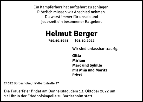 Traueranzeige von Helmut Berger von Kieler Nachrichten