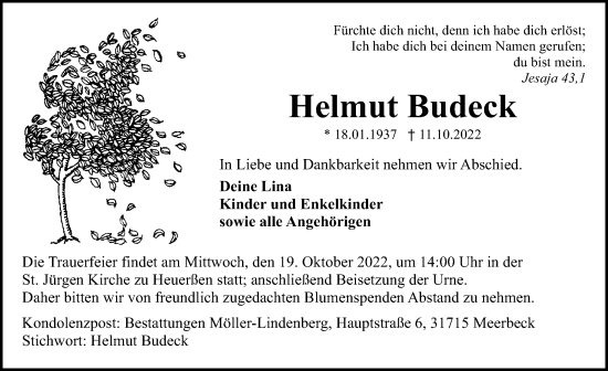 Traueranzeige von Helmut Budeck von Schaumburger Nachrichten