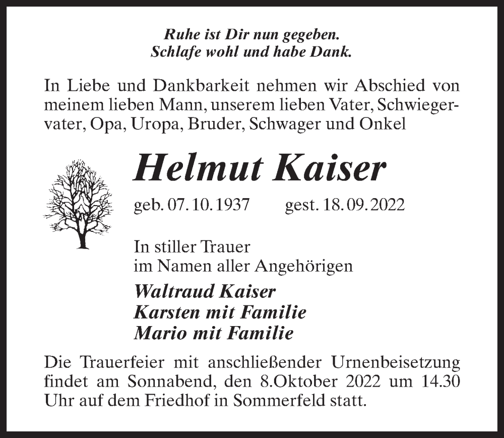  Traueranzeige für Helmut Kaiser vom 01.10.2022 aus Märkischen Allgemeine Zeitung